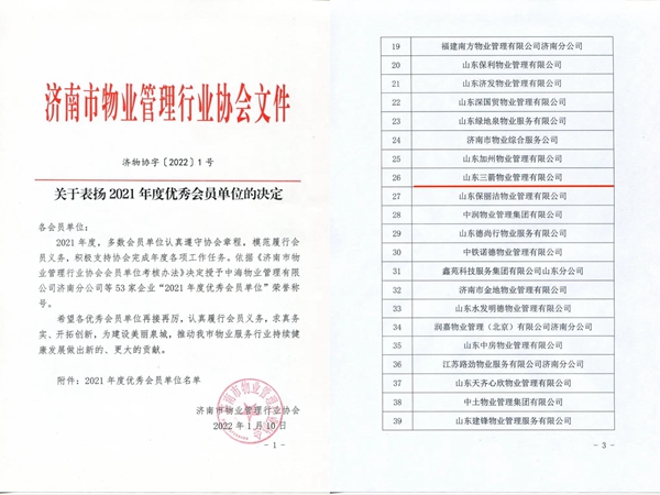 雙倍榮譽(yù)！山東三箭物業(yè)管理有限公司榮獲物業(yè)協(xié)會(huì) “年度優(yōu)秀會(huì)員單位”